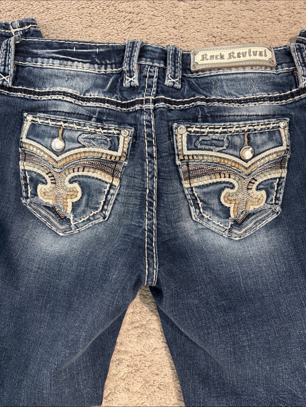 Rock Revival Women's Dark Blue Embroidered Pocket Bootcut Jeans